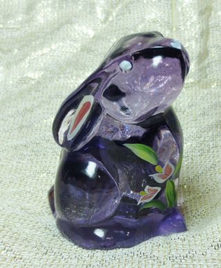 FENTON Art Glass BUNNY RABBIT Hand Painted BLESS YOU Figurine - VIOLET PURPLE 5