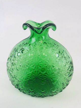 Vintage Art Glass Grass Green Daisy & Button Vase -