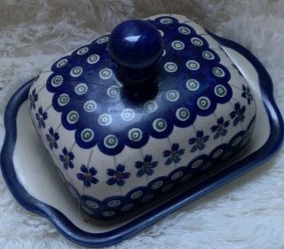 Polish Pottery Butter Dish Lidded Blue Green Boleslawiec Handmade Poland Boho