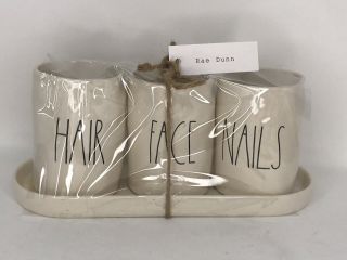 Whimsical Rae Dunn " Hair Face Nails " 4 Piece Set Makeup Organizer On Tray Bnwt