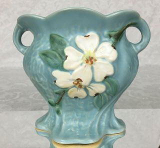 Vintage Weller Art Pottery Blue Vase With White Wild Rose Double Handles 6 " Tall