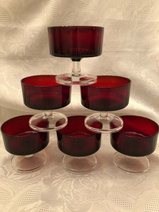 Set Of 6 Vintage Ruby Red Luminarc Dessert Glasses/dishes - Euc