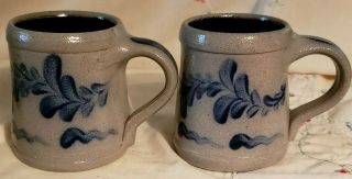 Two Signed - Blue Floral Coffee Mug Rowe Pottery Salt Glazed