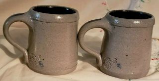 Two Signed - Blue Floral Coffee Mug Rowe Pottery Salt Glazed 3