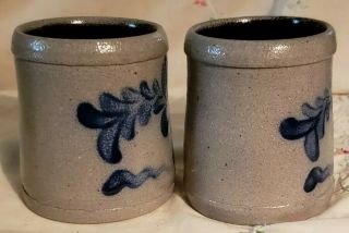 Two Signed - Blue Floral Coffee Mug Rowe Pottery Salt Glazed 4