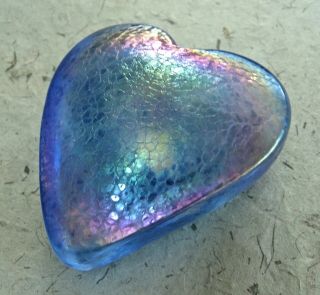 Robert Held Art Glass Iridescent Blue Heart Paperweight W Label - Great