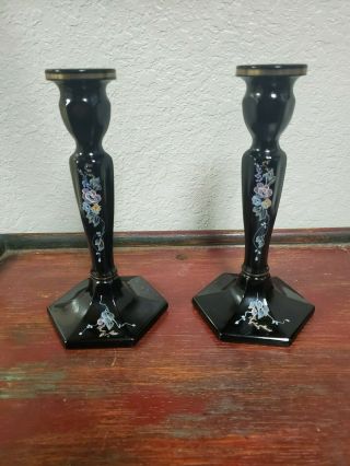 Pair Fabulous Fenton Hand Painted Black Candle Holders - Signed By Artist