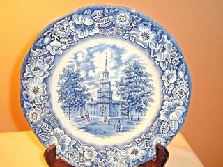 Set 7 Staffordshire Liberty Blue 9 " Dinner Plates Independence Hall Blue White