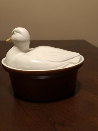 Vintage Hall Oval Covered Casserole Dish Bakeware With Duck Lid Brown USA - 3
