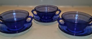 3 Hazel Atlas Moderntone Cobalt Blue Depression Glass Cream Soup Bowls & Saucers