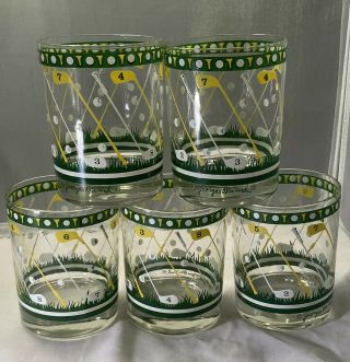 5 Georges Briard Golf Clubs Balls Tees Green Lowball Glasses Old - Fashioned