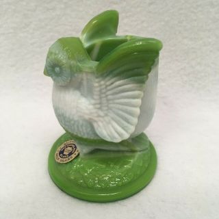 Westmoreland Green Slag Glass Owl Toothpick Holder w/ Label 2