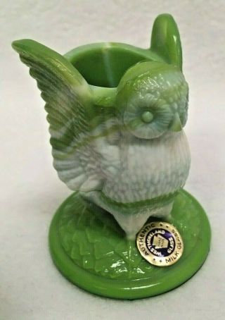 Westmoreland Green Slag Glass Owl Toothpick Holder w/ Label 5