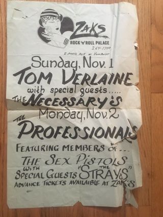 Zaks Professionals / Sex Pistols Members Tom Verlaine Orig 80s Punk Rock Poster