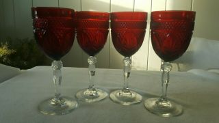Vintage Ruby Red Pressed Glass 8 " Goblets (4)
