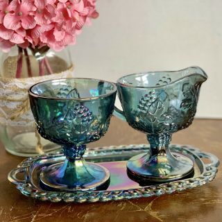Indiana Glass Blue Carnival Harvest Grape Footed Creamer & Sugar Bowl & Tray