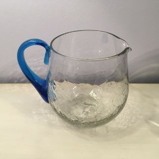 Blenko Pitcher Carafe Crackle Glass Mid Century Modern Hand Blown Blue Handle