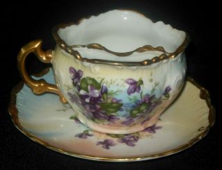 Hand Painted Embossed Mustache Cup And Saucer Purple Violet Flowers