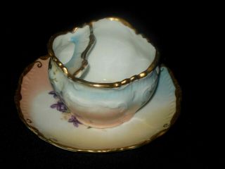 HAND PAINTED EMBOSSED MUSTACHE CUP AND SAUCER PURPLE VIOLET FLOWERS 2