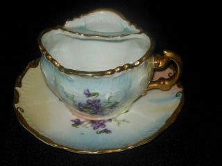HAND PAINTED EMBOSSED MUSTACHE CUP AND SAUCER PURPLE VIOLET FLOWERS 3