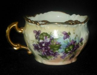 HAND PAINTED EMBOSSED MUSTACHE CUP AND SAUCER PURPLE VIOLET FLOWERS 5