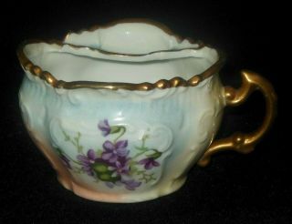 HAND PAINTED EMBOSSED MUSTACHE CUP AND SAUCER PURPLE VIOLET FLOWERS 7