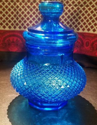 Vintage Blue Glass 7.  5 " Diamond Point Canister Apothecary Jar Covered Urn Italy