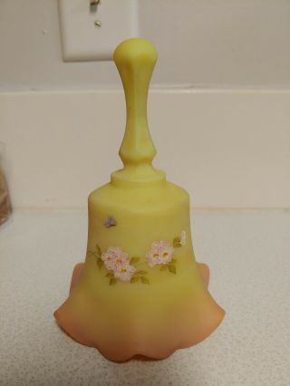 1985 Fenton Burmese Yellow Pink Satin Finish Bell With Flowers 645 Of 2500