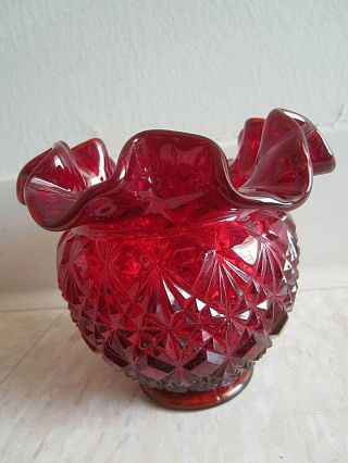 Vintage Fenton Ruby Red Glass With Ruffled Edge Bowl Vase