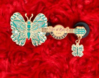 Hard Rock Cafe Pin Fukuoka Butterfly Dangle Guitar Hat Lapel Logo Brooch Japan