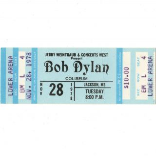 Bob Dylan Concert Ticket Stub Jackson Ms 11/28/78 Coliseum Street - Legal Tour