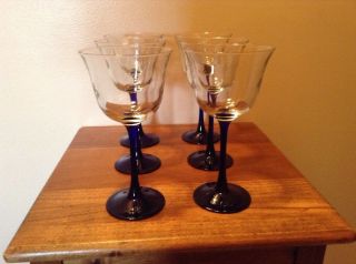 6 Vintage Crystal Long Cobalt Blue Stem Wine Glasses