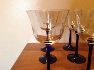 6 Vintage Crystal Long Cobalt Blue Stem Wine Glasses 2