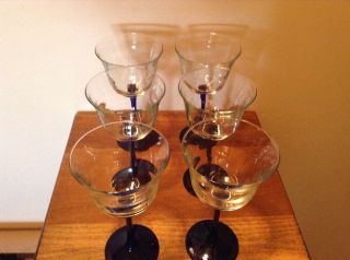 6 Vintage Crystal Long Cobalt Blue Stem Wine Glasses 4