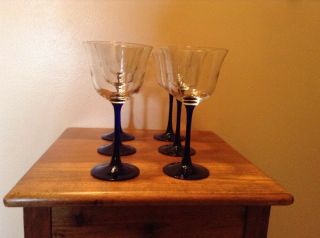 6 Vintage Crystal Long Cobalt Blue Stem Wine Glasses 5