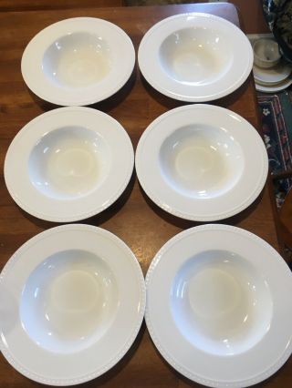 Set Of 6 Crate & Barrel White Staccato Dot Rimmed Soup Bowls Bead 9 - 3/8 " Euc