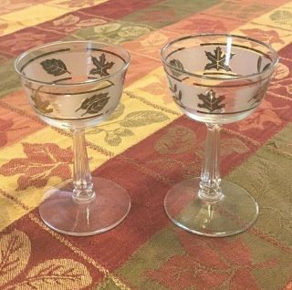 2 Vintage Frosted Gold Leaf Sherry Or Sorbet Glasses Mid Century Reeves Libbey