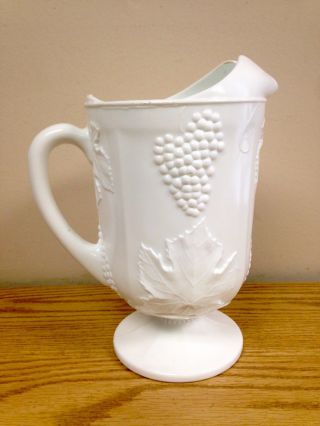 Vintage Milk Glass Footed Pitcher W/ Ice Lip Spout Grape Leaf Design