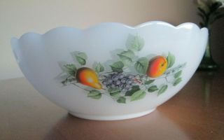 Arcopal France White Opal Glass Serving Bowl / Fruit Bowl Summer Fruit Pattern