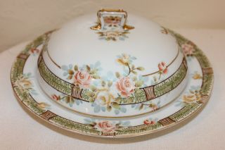 Antique Gorgeous Hp Covered Nippon Butter - Cheese Dish,  Rising Sun,  Moriage