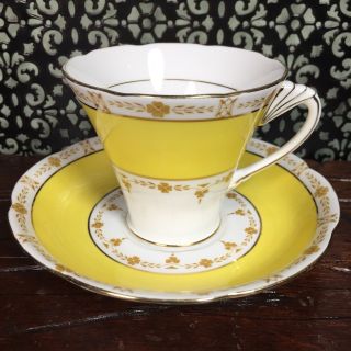 Pretty Yellow Art Deco Royal Grafton Bone China Tea Cup An Saucer Set Teacup