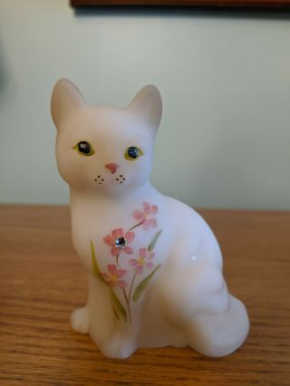 Fenton Cat Painted White Satin With Crystal Pendant Signed