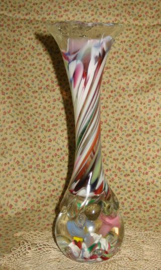 Vintage Art Glass Paperweight Bud Vase Trumpet Flowers Swirls Joe Rice St Clair
