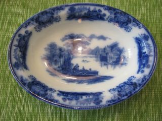 W.  H Grindley Flow Blue 9 - 3/4 " Oval Vegetable Dish,  Shanghai Pattern - Ca.  1891