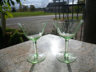 Set Of 2 Vintage Green Vaseline Uranium Glass Wine Glasses Stemware