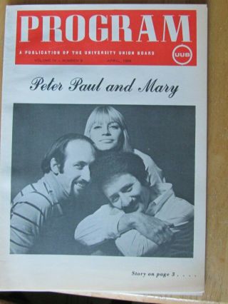 PETER PAUL AND MARY CONCERT MAY 1968 WIU,  1 ADVERTISING POSTER PRINT 9 