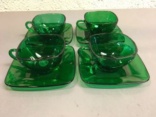 Fire King Anchor Hocking Forest Green Charm Cups & Saucers Set Of 4 Orig Sticker