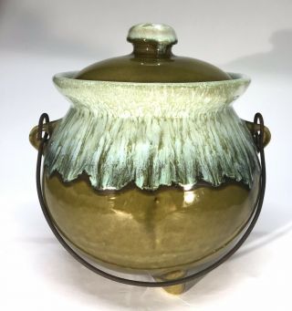 Hull Pottery Avocado And Green Drip Glaze Bean Pot Metal Handle 3 - Footed