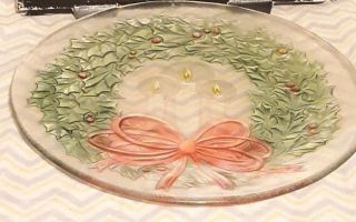 Le Smith Glass Co Platter Round Hand Painted Chistmas Wreath Plate