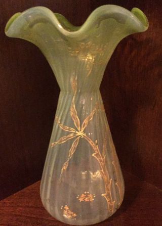English Stourbridge Antique Opalescent Stripes W/ Enamel Vase Blown